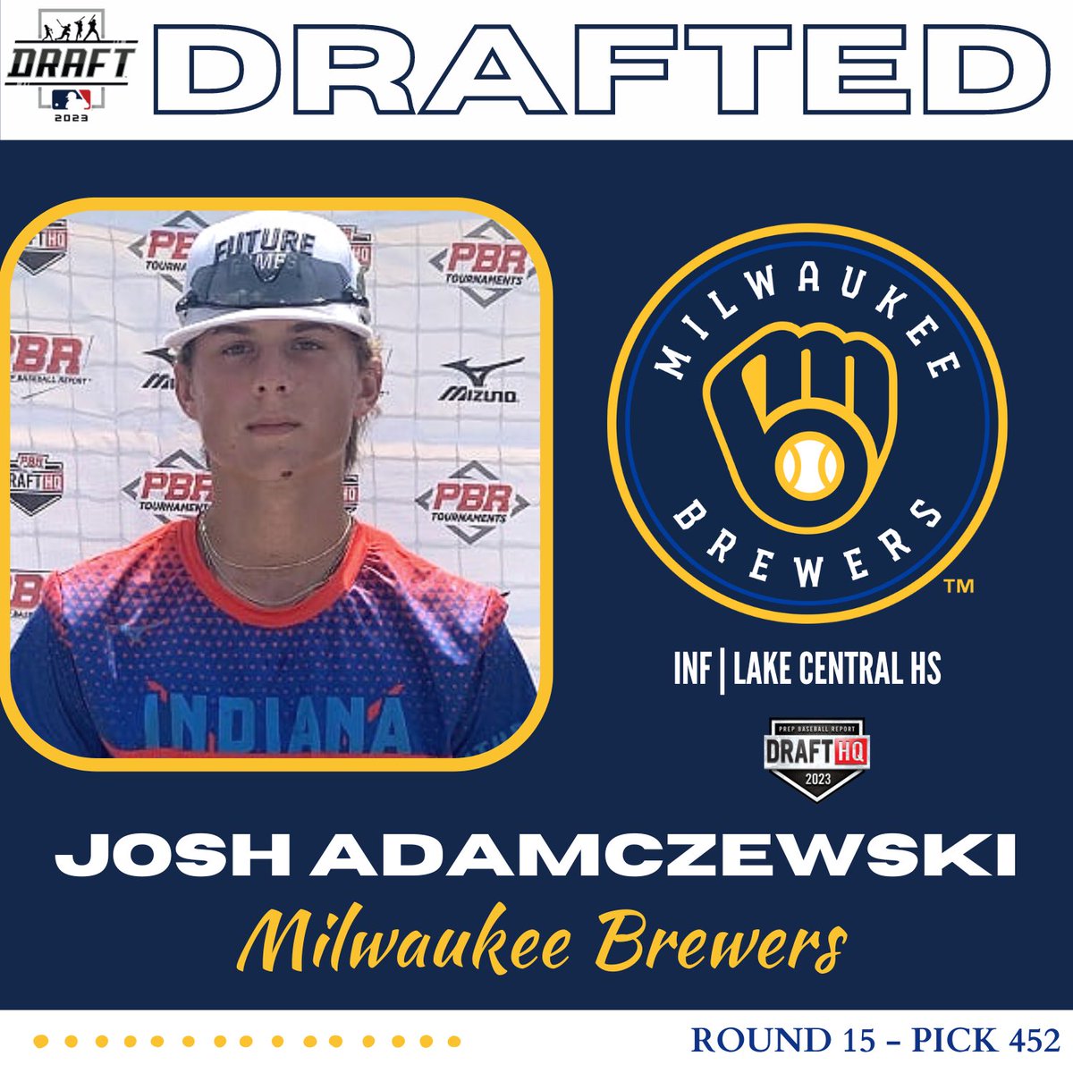𝗠𝗟𝗕 𝗗𝗥𝗔𝗙𝗧
𝗥𝗼𝘂𝗻𝗱 𝟭𝟱 𝗣𝗶𝗰𝗸 𝟰𝟱𝟮

INF Josh Adamczewski (Lake Central HS) has been selected in the #MLBDraft by the <a href="/Brewers/">Milwaukee Brewers</a>. 

2021 #PBRFG alum.

👤PROFILE: loom.ly/6zUYsFM