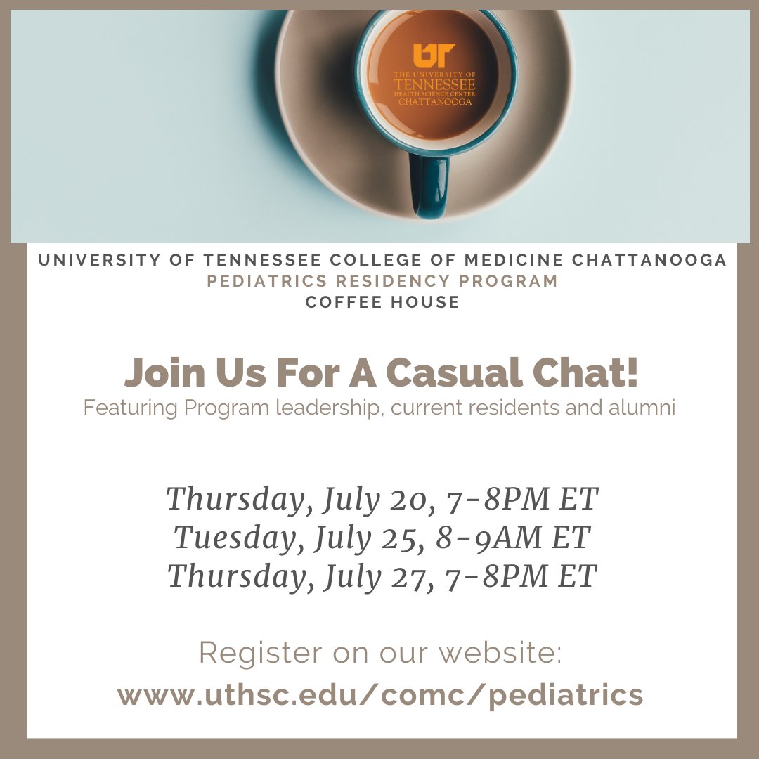 4th year medical students! Interested in Pediatrics? ✔️ out Chattanooga! Register: tinyurl.com/UTCOMCPedsCoff…

@Inside_TheMatch @FuturePedsRes @APPDconnect @NextGenPeds @AAPSOPT