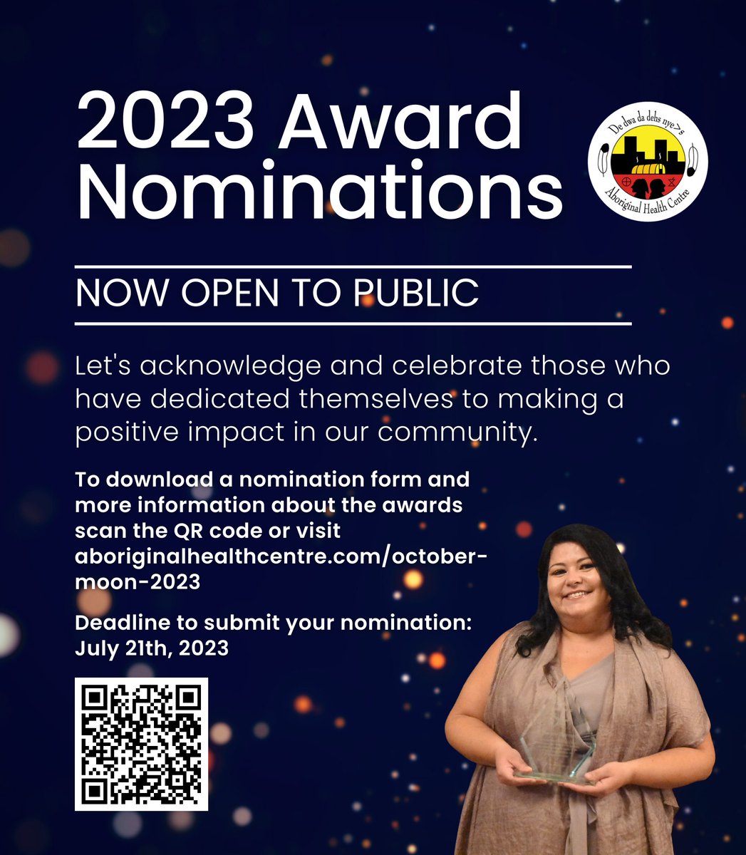 De dwa da dehs nye's (@_dahc_) on Twitter photo Don't forget to nominate someone from your community who is making a positive impact in Indigenous lives for our annual awards! It's easy to do, just scan the QR code or visit the link to fill out the nomination form.
aboriginalhealthcentre.com/october-moon-2… Don't forget to nominate someone from your community who is making a positive impact in Indigenous lives for our annual awards! It's easy to do, just scan the QR code or visit the link to fill out the nomination form.
aboriginalhealthcentre.com/october-moon-2…