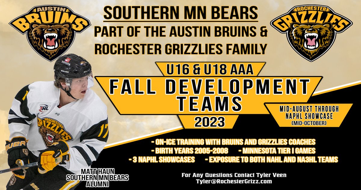 The Bruins and @RochesterGrizz  are excited to announce our continued commitment to the development of our 18U and 16U Levels within our organization for 2023!

Players who are interested should reach out to Grizzlies Head Coach Tyler Veen via email at Tyler@RochesterGrizz.com! https://t.co/a77ktS8Bgr
