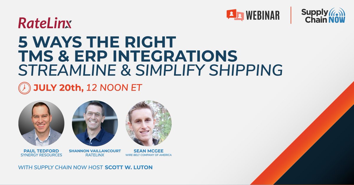 Supply Chain Now (@_supplychainnow) on Twitter photo Join us to hear from Paul Tedford of Synergy Resources & Shannon Vaillancourt of <a href="/RateLinx/">RateLinx</a>, and <a href="/ScottWLuton/">Scott W. Luton</a> & <a href="/gregoryswhite/">Greg White</a> to learn how integrating your #ERP and #TMS streamlines processes and makes it easy to manage your #shipping in one place.
bit.ly/3pOf5dR Join us to hear from Paul Tedford of Synergy Resources & Shannon Vaillancourt of <a href="/RateLinx/">RateLinx</a>, and <a href="/ScottWLuton/">Scott W. Luton</a> & <a href="/gregoryswhite/">Greg White</a> to learn how integrating your #ERP and #TMS streamlines processes and makes it easy to manage your #shipping in one place.
bit.ly/3pOf5dR