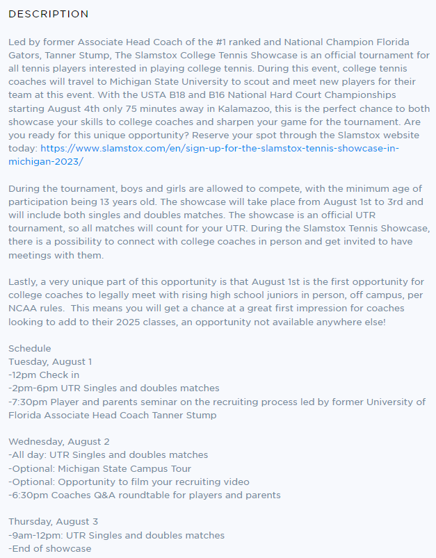 High School Players - check out this showcase at Michigan State, hosted by (twitterless) Tanner Stump and <a href="/slamstox/">Slamstox</a> 
August 1-3 - good prep for Kalamazoo
app.universaltennis.com/events/186017