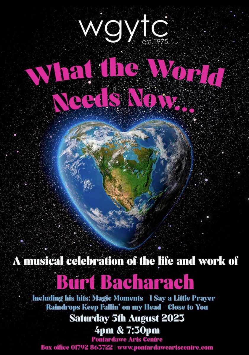 📢Summer Course 2023 tickets now on sale! Jane Austen's ​classic novel 'Emma' adapted for the stage by Tim Luscombe.  ticketsource.co.uk/wgytc1 AND
‘What the World Needs Now…’:A musical celebration of the life and work of Burt Bacharach.  pontardaweartscentre.com/shows/what-the…