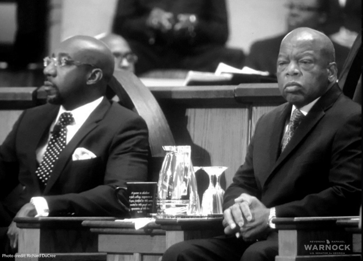 SenatorWarnock's tweet photo. Remembering my parishioner and hero Congressman John Lewis today on the anniversary of his transition to ancestorhood.

We need to keep making #GoodTrouble until we secure the sacred right to vote for every American—just like Congressman Lewis and so many others taught us. https://t.co/rP4El7YpcU