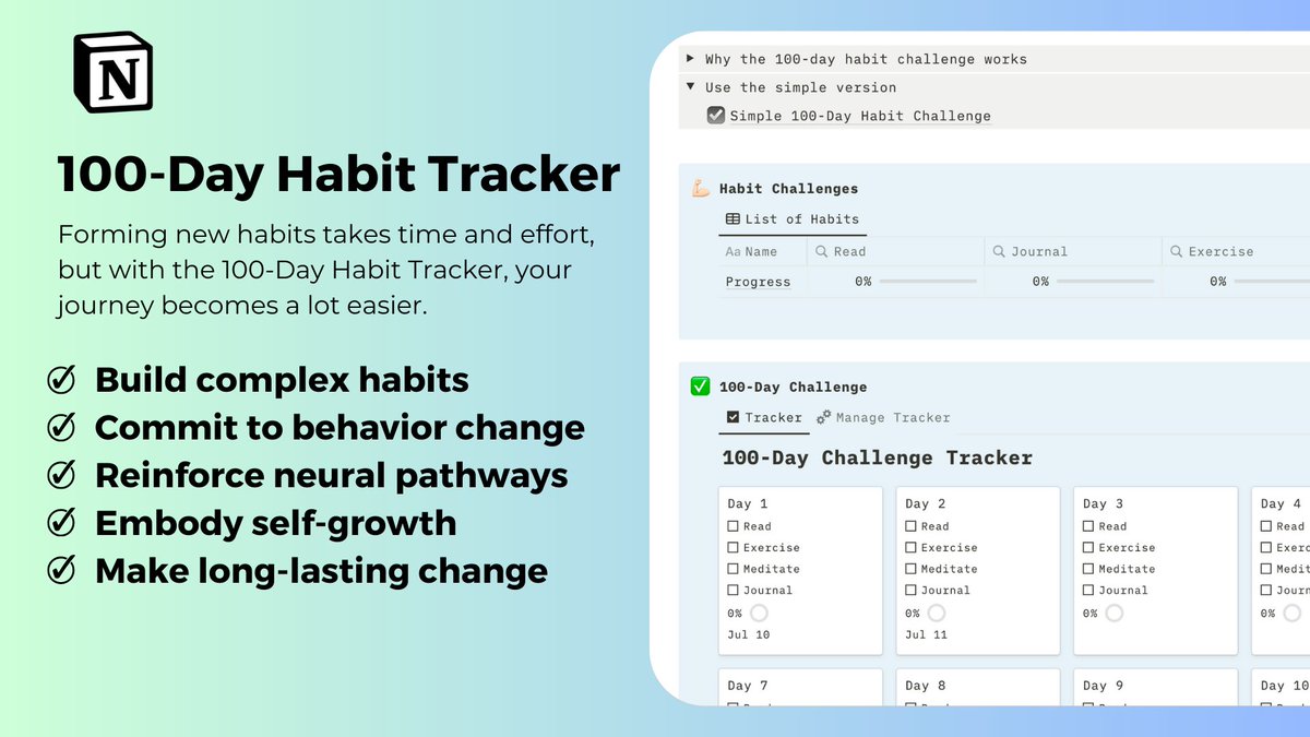 🚨 FREE Notion Template 🚨

Most people struggle to build habits due to inconsistency.

So, I'm sharing the 100-Day Habit Tracker to help you build lasting habits.

Simple + Advanced Tracker inside!

To get it:
- Like &amp; RT this tweet
- Reply "100"

(Must be following so I can DM)