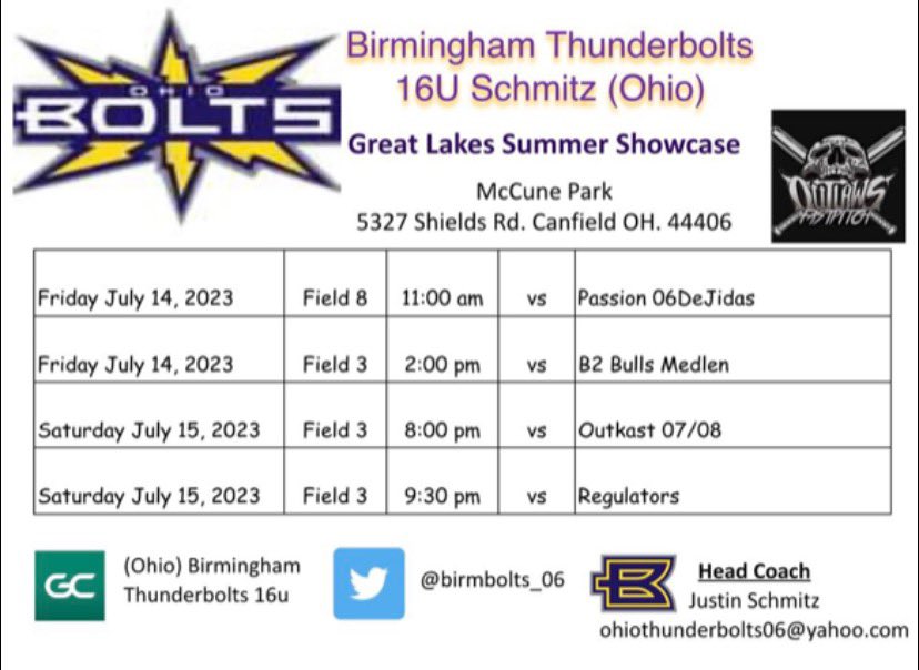 This weekend we are playing in Canfield at the Great Lakes Summer Showcase!! <a href="/OtterbeinSB/">Otterbein University Softball</a> <a href="/ODU_Softball/">Ohio Dominican Softball</a> <a href="/OhioBobcatSB/">Ohio Softball</a> <a href="/Hall_J_4/">Jenna Hall</a> <a href="/AshlandUSball/">Ashland University Softball</a> <a href="/CoachKnerem/">Emlyn Knerem</a> <a href="/UFOilerSoftball/">Findlay Softball</a> <a href="/TiffinUSoftball/">Tiffin University Softball</a>