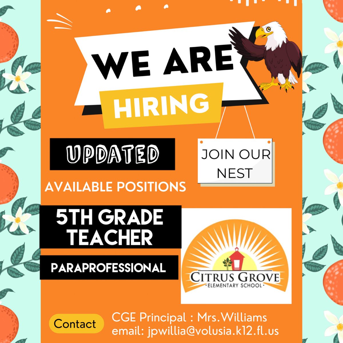 Citrus Grove Elementary, Deland FL (@citrusgrove_vcs) on Twitter photo We are looking for Eagles to join our nest for the 23-24 school year <a href="/CitrusGrove_VCS/">Citrus Grove Elementary, Deland FL</a> <a href="/volusiaschools/">Volusia County Schools</a> <a href="/JenP_Williams/">Jen Williams</a>.
We have 2 updated positions available! Come SOAR with us 🍊🦅 #cgeeagles We are looking for Eagles to join our nest for the 23-24 school year <a href="/CitrusGrove_VCS/">Citrus Grove Elementary, Deland FL</a> <a href="/volusiaschools/">Volusia County Schools</a> <a href="/JenP_Williams/">Jen Williams</a>.
We have 2 updated positions available! Come SOAR with us 🍊🦅 #cgeeagles