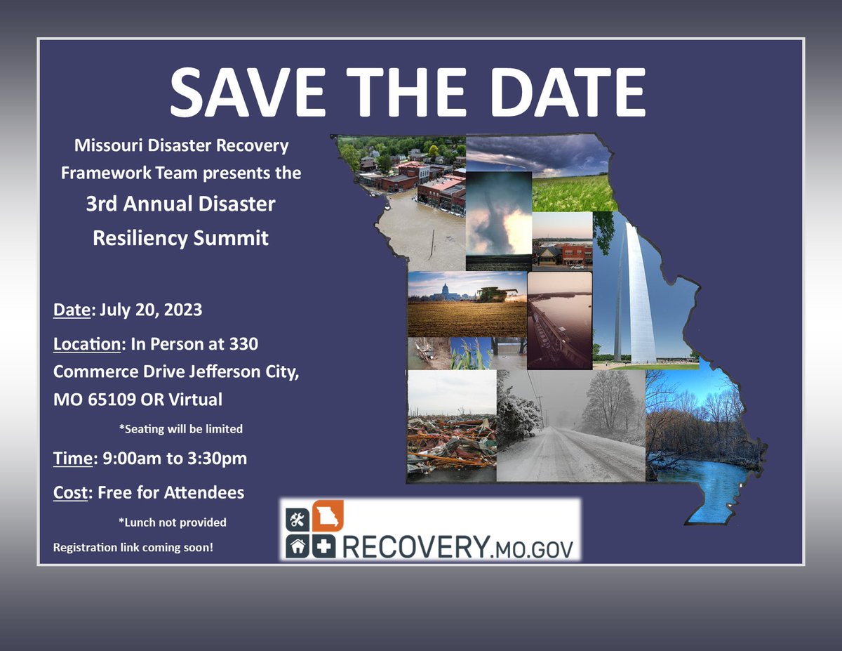 MoSEMA_'s tweet photo. NEXT WEEK! Join us in Jefferson City for the 3rd Annual Disaster Resiliency Summit. Hear from @MoPublicSafety Director Sandy Karsten, @femaregion7 Administrator Andrea Spillars &amp; many others on disaster recovery in MO.  

Info and registration ⬇️
https://t.co/BkPbcufJE0 https://t.co/M7NifPXAEP