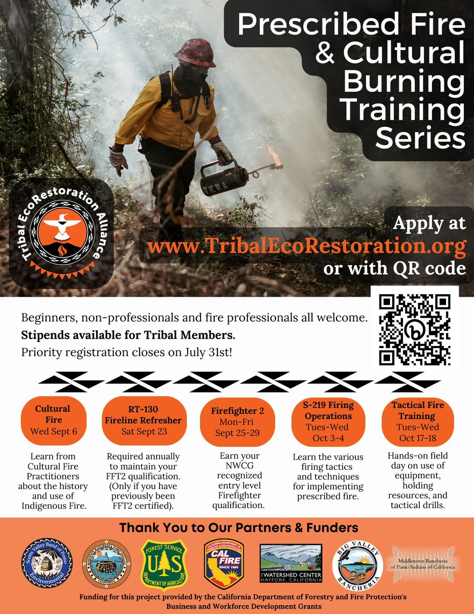 TERATribalEco's tweet photo. Register for Rx Fire &amp; Cultural Burn Training Courses! Learn how to bring #goodfire back to our lands!
TERA will offer a series of trainings aimed at teaching our community how to implement prescribed and cultural fire. No experience or prior qualifications necessay to apply. https://t.co/sC5QLR93tq