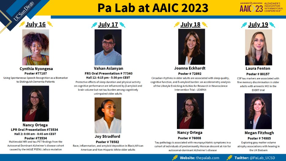 Megan C. Fitzhugh (@dr_fitzhugh) on Twitter photo 📅Mark your calendars! The <a href="/PaLab_UCSD/">Judy Pa, PhD</a> has tons of presentations at #AAIC23! We cover: brain associations with several AD risk factors (sleep, exercise, inflammation, hearing), using AI to process speech as a biomarker, and tau associations with memory and mood. 📅Mark your calendars! The <a href="/PaLab_UCSD/">Judy Pa, PhD</a> has tons of presentations at #AAIC23! We cover: brain associations with several AD risk factors (sleep, exercise, inflammation, hearing), using AI to process speech as a biomarker, and tau associations with memory and mood.