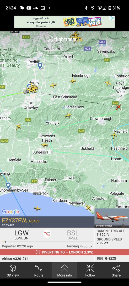 MrA_Charles's tweet photo. @flightradar24 Seems to be something happening here - this easyJet A320 returning to Gatwick from whence it came https://t.co/aHXCd1nk24