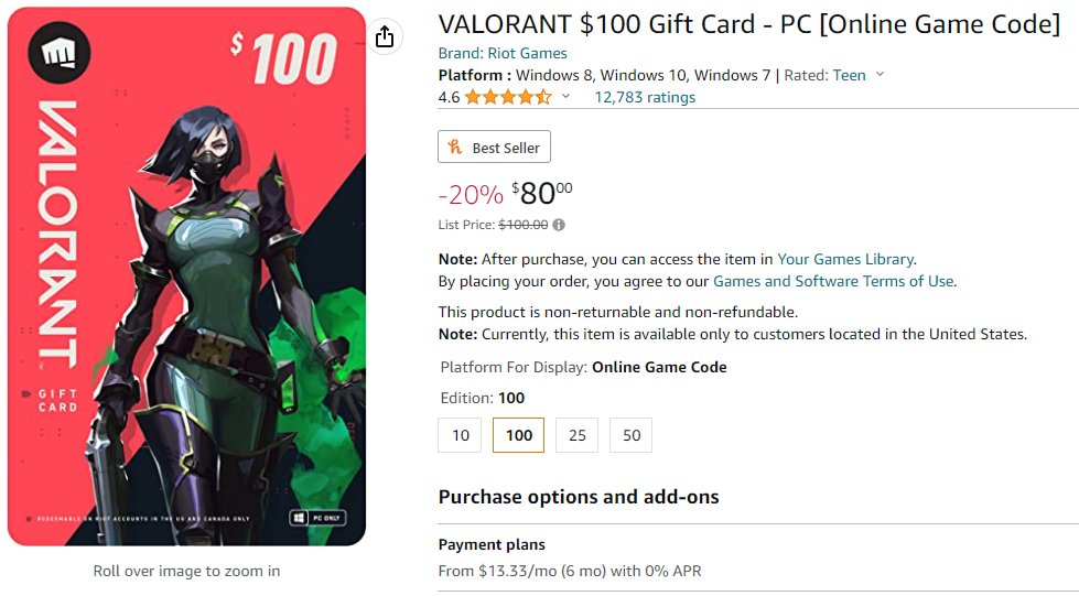  VALORANT $100 Gift Card - PC [Online Game Code]