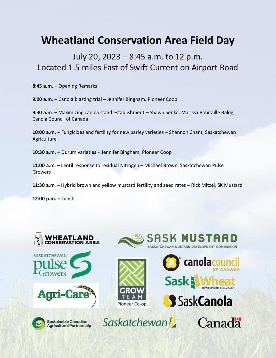 <a href="/wheatlandsask/">Wheatland Conservation Area</a> Field Day is July 20, 2023. Please call the Ministry of Agriculture office in Swift Current to register! 306-778-8285

<a href="/SKAgriculture/">Sask Agriculture</a> 
<a href="/PioneerCoopAG/">Pioneer Coop Grow Team</a> 
<a href="/SaskPulse/">Saskatchewan Pulse Growers</a> 
<a href="/GrowMustard/">Sask Mustard</a> 
<a href="/canolacouncil/">Canola Council of Canada</a> 
@SaskCanola 
<a href="/SaskWheat/">Sask Wheat</a> 
<a href="/kevin_agricare/">Kevin Zerr</a>