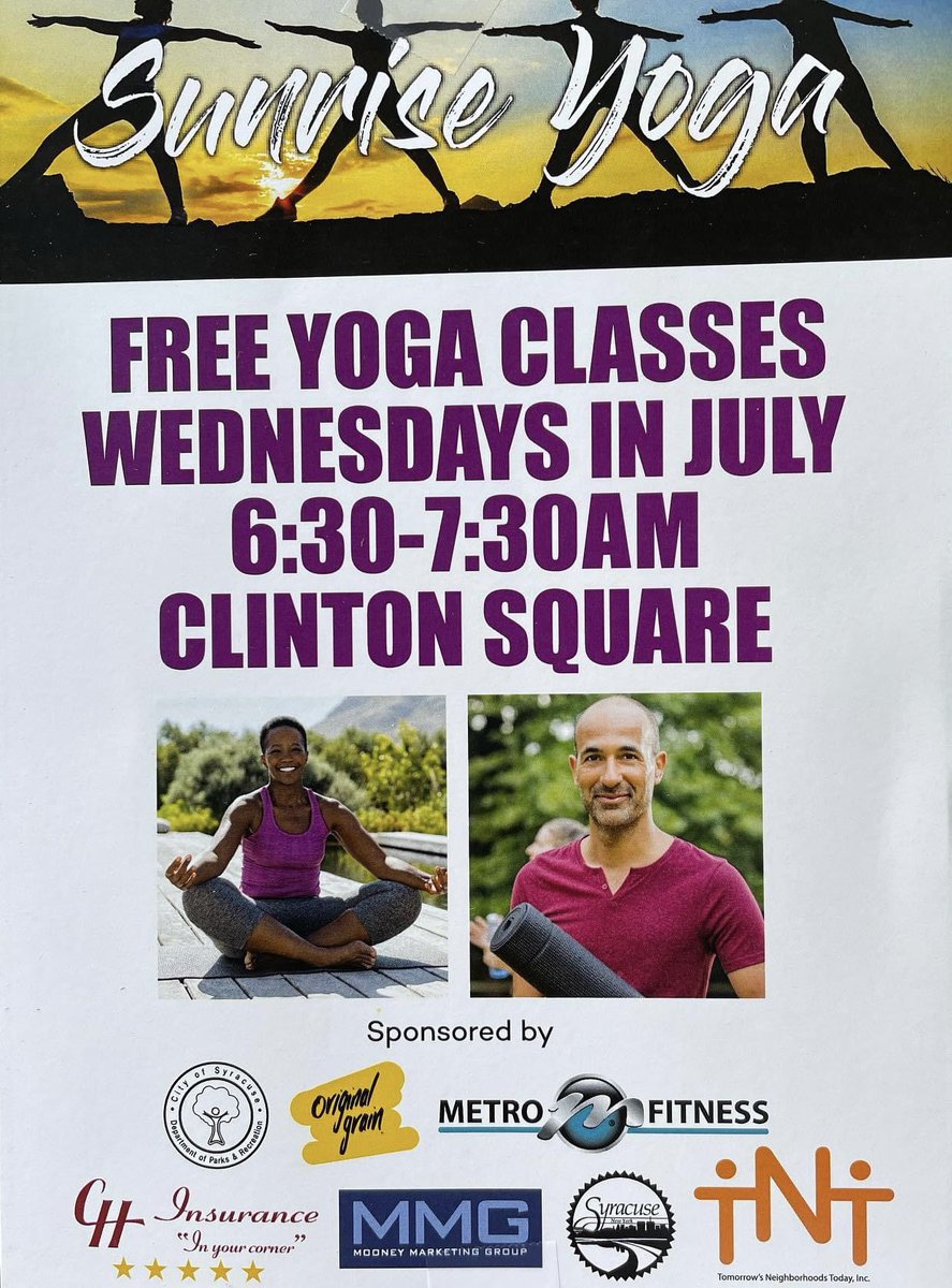 Grab your yoga mat and join us tomorrow morning in Clinton Square for the fun! 🧘‍♀️ #freeyoga #yogainspiration #community #syracuseuniversity #yoga #yogalove #Inyourcorner