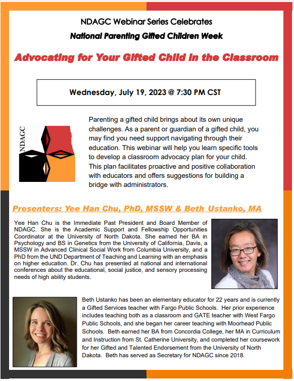 DakotaGifted's tweet photo. NDAGC celebrates National Parenting Gifted Children Week with a webinar especially for families. Registration is free for NDAGC members, $10 for non-members. Register today at https://t.co/gccgP83I57 https://t.co/Hi5RvGlRC2