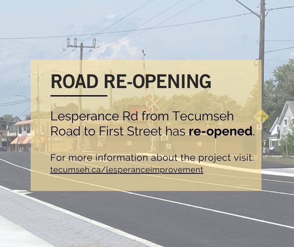 As part of the Lesperance Via Rail Improvement Project, Lesperance Rd from Tecumseh Road to First Street has re-opened. 

Please continue to drive with caution as construction installs items such as street lights, furniture, trees/plants, as well as grass restoration.
