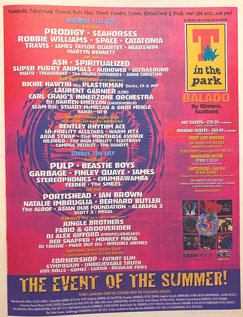 Britpopmemories's tweet photo. 25 years ago today T in the Park 1998 began.

Who went?

Even if you didn't go, which stage/day has the best line up. https://t.co/ancUVhxxde