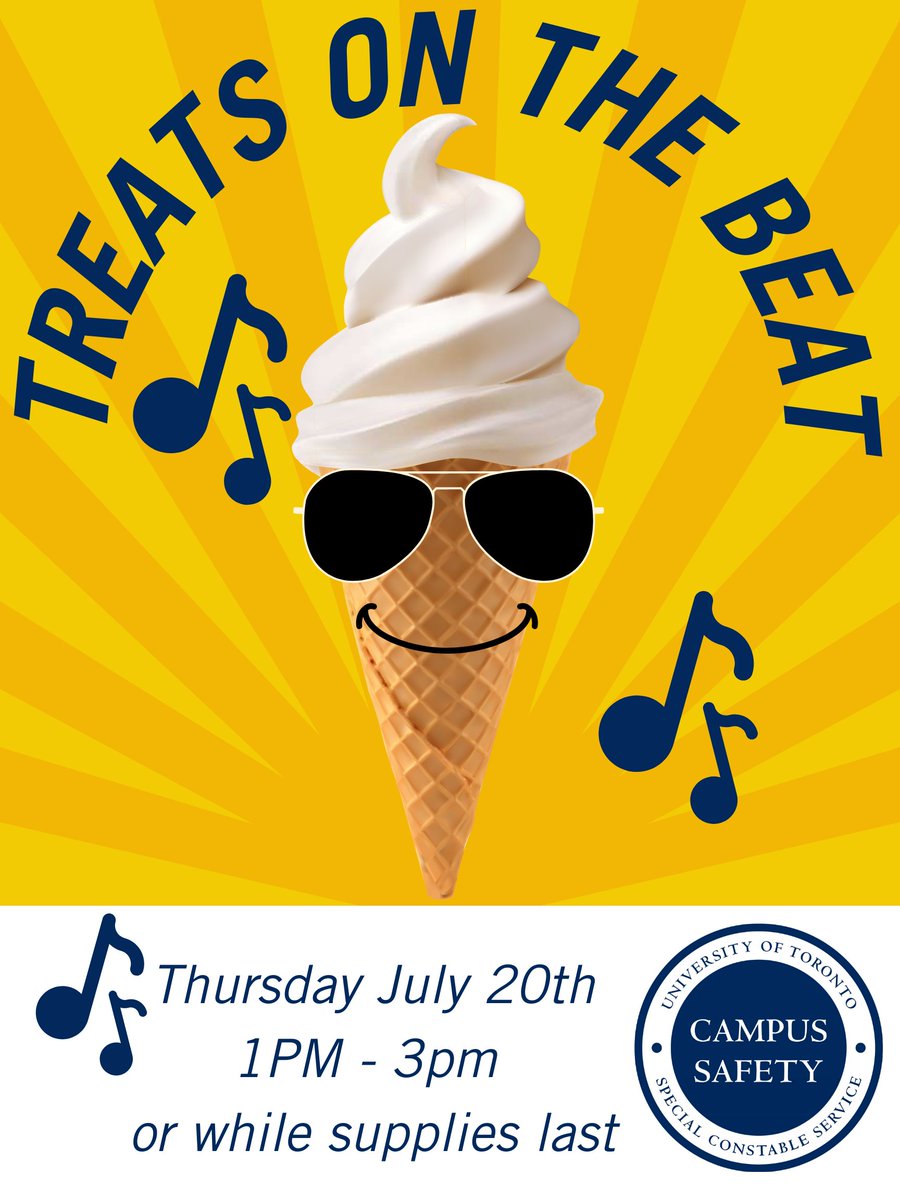 UTSCSafety's tweet photo. BUT FIRST, ICE CREAM

On Thursday July 20th between 1-3pm (or while supplies last) visit the H-Wing Patio and IC Patio for a free cool treat from the University of Toronto Scarborough Campus Safety Team!

You don't want to miss it!! https://t.co/8PsYmz0iN9
