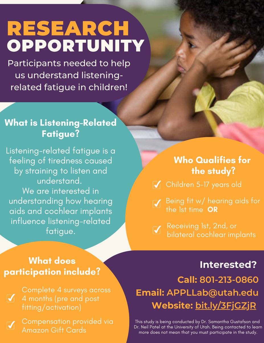 We need help recruiting children (5+yrs) who are Deaf/hard of hearing for a virtual research study! 

We're looking for kids receiving hearing aids or cochlear implants for the first time. 

#audiology #hearingloss #audpeeps #cochlearimplant #pedaud