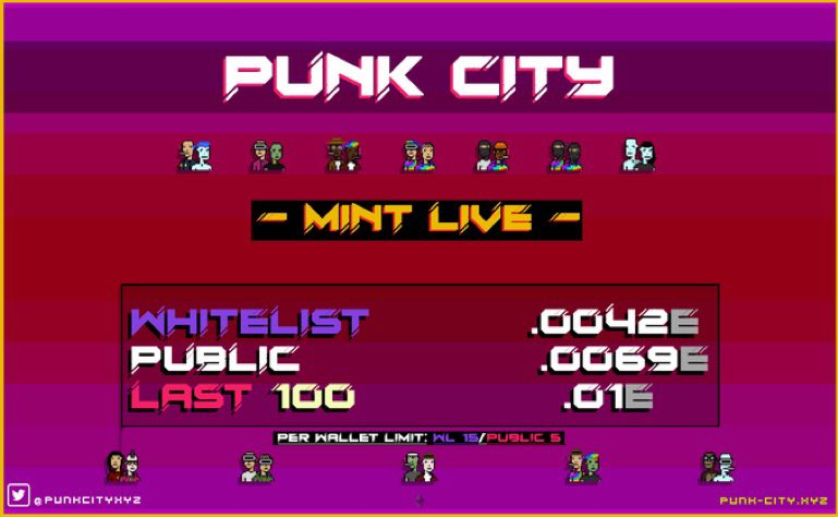 MINT IS LIVE at 18pm EST! @PunkCityXYZ 🔥

Punk City is a virtual land where users can connect and use their Punk avatars to move and interact on-chain. 

We’re also giving away 500k $CITY and some WL Spots🥳 

Interact and Follow PunkCity🤝