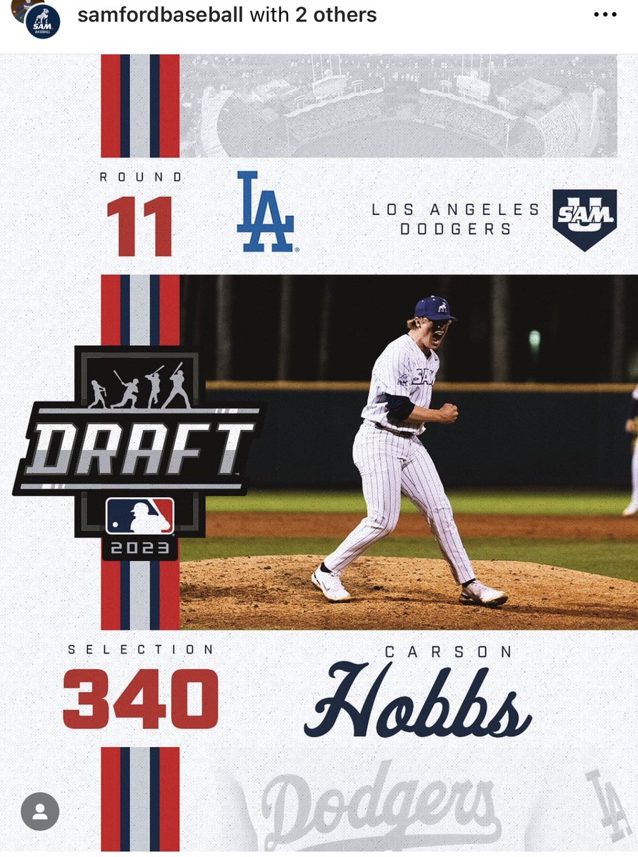 TheProspectLab's tweet photo. Congratulations to TPL 2020 Grad Carson Hobbs RHP of Samford University for being selected by the Los Angeles Dodgers in the 11th Round today. Carson hails from Thompson HS in Alabaster, Alabama and developed in our program since his Freshman year. #TPL2020 #LionsONLY #DaFAM https://t.co/GA8DVgIsgF