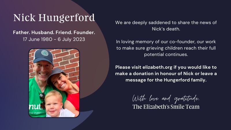 Kimballwriter's tweet photo. I am sad to share that our co-founder, Nick Hungerford, has died at age 43. In loving memory of Nick, our work to make sure children have the support they need to grieve and reach their full potential continues. Nick’s Smile will inspire us, always. More: https://t.co/8DfY4QEzDc https://t.co/00EaGsZGZP