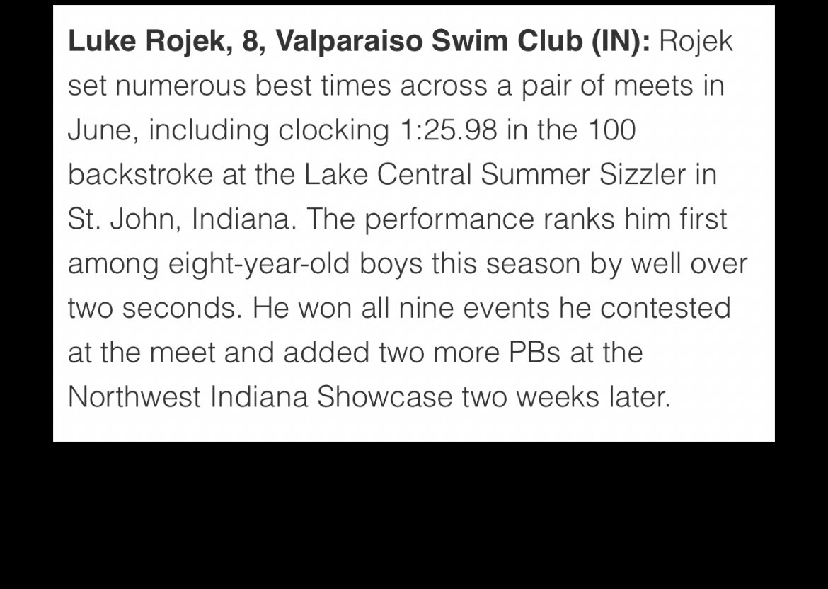 Special student shoutout! Memorial’s own, Luke Rojek, was featured in a swimming article for being the fastest 8 year old boy in the nation in the 100 backstroke. Way to go Luke! 💪🏼💚🏆 <a href="/AthleticsValpo/">Valparaiso Athletics</a> <a href="/VHSvikingswim/">Valpo Swimming & Diving</a>  <a href="/Valpo_Schools/">Valparaiso Community Schools</a> 

  Article —&gt;  swimswam.com/weekly-wonders…