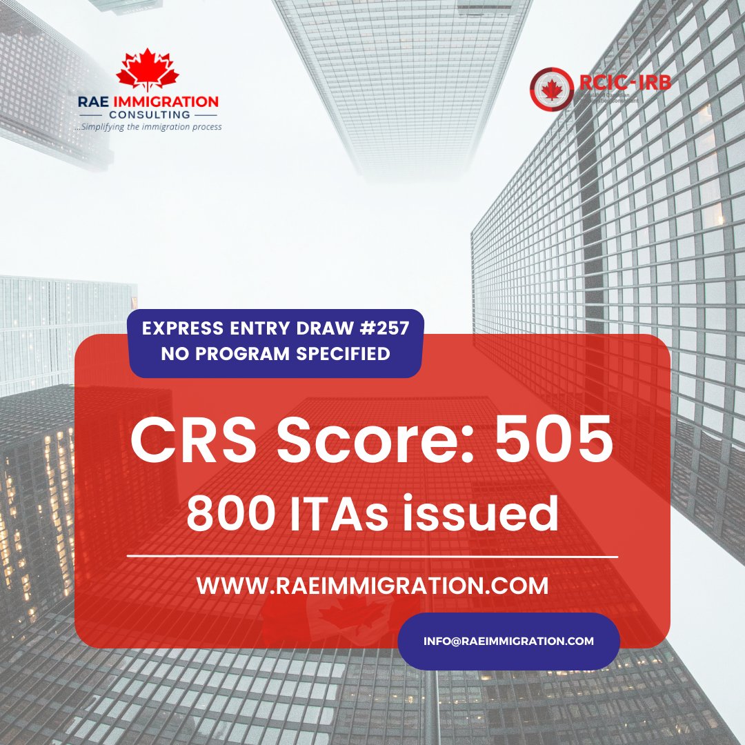 📢 Exciting news! #257 Express Entry draw has just been released. 🌟 800 invitations have been issued to candidates with a minimum CRS score of 505. Congratulations to all the selected candidates! 🇨🇦✨🎉🍀✨ #ExpressEntry #PermanentResidence #RAEImmigration