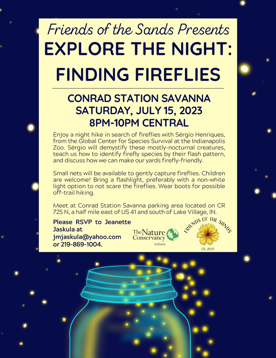 Global Center for Species Survival (@protectspecies) on Twitter photo Love #fireflies? If you'd like to learn more about them, we encourage you to join our Invertebrate Conservation Coordinator SΓ©rgio Henriques on Saturday, July 15 in Kankakee Sands. This <a href="/Nature_Indiana/">TNC in Indiana</a> event is open to the public, but you need to RSVP. nature.org/en-us/get-invoβ¦ Love #fireflies? If you'd like to learn more about them, we encourage you to join our Invertebrate Conservation Coordinator SΓ©rgio Henriques on Saturday, July 15 in Kankakee Sands. This <a href="/Nature_Indiana/">TNC in Indiana</a> event is open to the public, but you need to RSVP. nature.org/en-us/get-invoβ¦