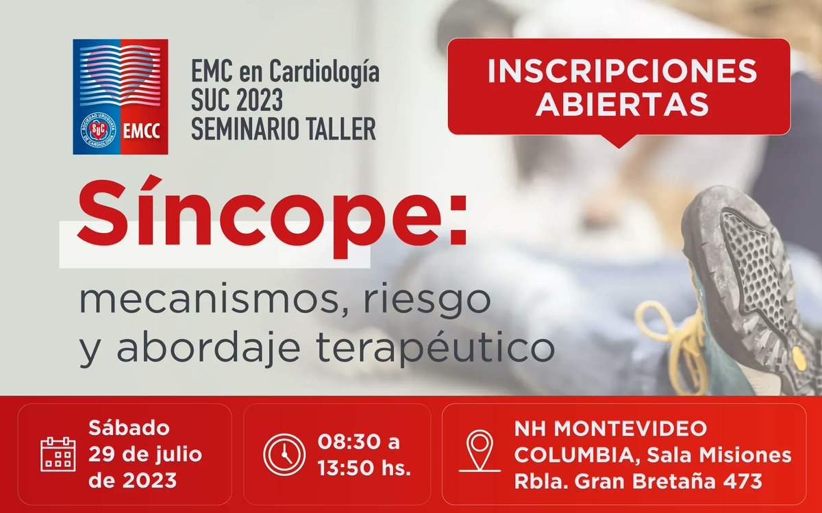 SUC_cardiologia's tweet photo. 👉 Están abiertas las inscripciones al Seminario Taller "Síncope: mecanismos, riesgo y abordaje terapéutico " que se realizará el Sábado 29 de Julio de 2023 de forma presencial y online. 🔴 Inscripciones y más información: https://t.co/TlyT8tln4m https://t.co/w1M72MRZVa