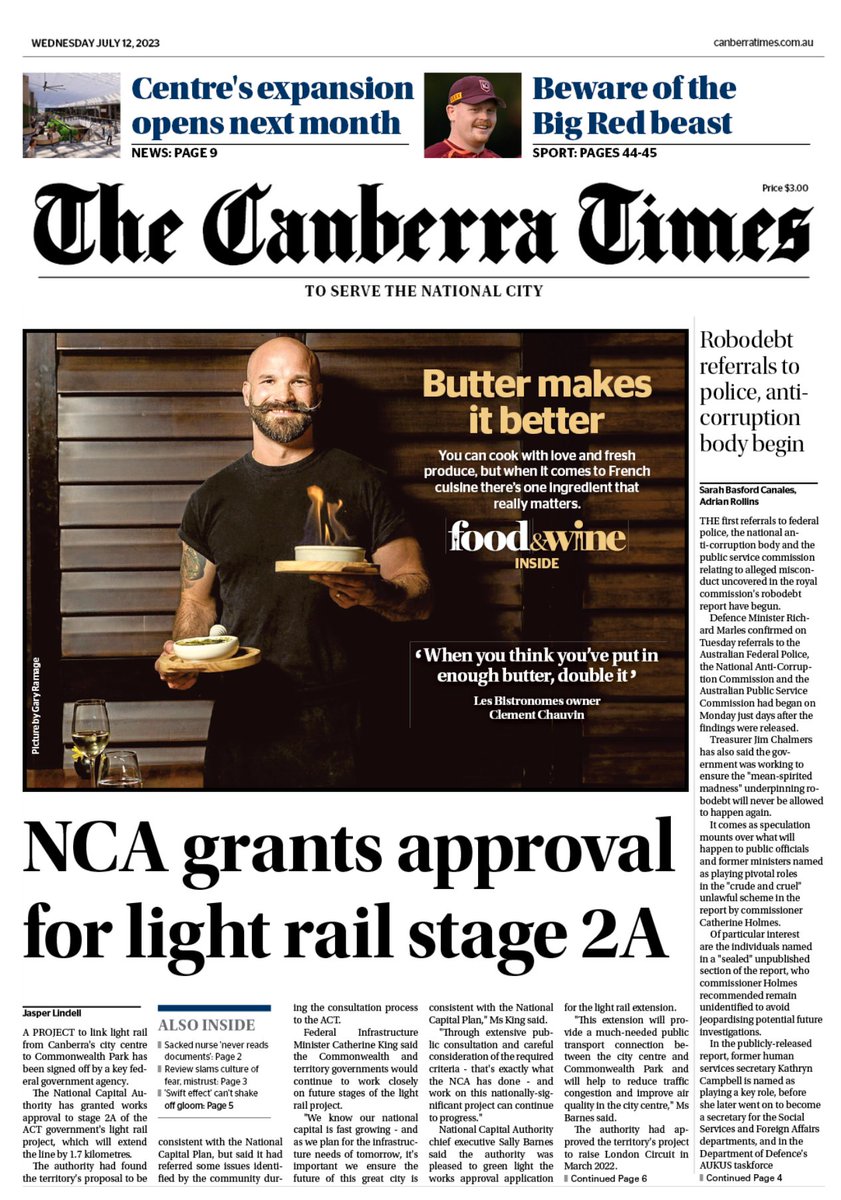 Good morning, Canberra. We're in for a sunny afternoon and a top of 14 degrees today. Here's today's front page, featuring stories from <a href="/jclindell/">Jasper Lindell</a>, <a href="/sbasfordcanales/">Sarah Basford Canales</a>, <a href="/RollinsA/">Adrian Rollins</a>, and @KarenHardyCT.  Stay up to date with the latest: canberratimes.com.au/subscribe