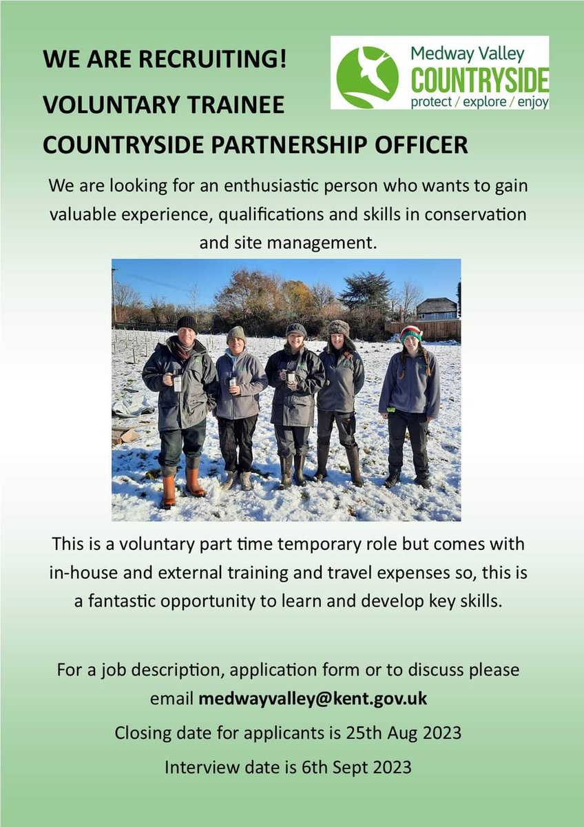 Medway Valley (@medwayvalley) on Twitter photo We are recruiting a Voluntary Trainee Countryside Officer. A fab opportunity to gain essential skills, experience and training in this field. Voluntary role but training and travel covered. Email medwayvalley@kent.gov.uk for an Application Form We are recruiting a Voluntary Trainee Countryside Officer. A fab opportunity to gain essential skills, experience and training in this field. Voluntary role but training and travel covered. Email medwayvalley@kent.gov.uk for an Application Form