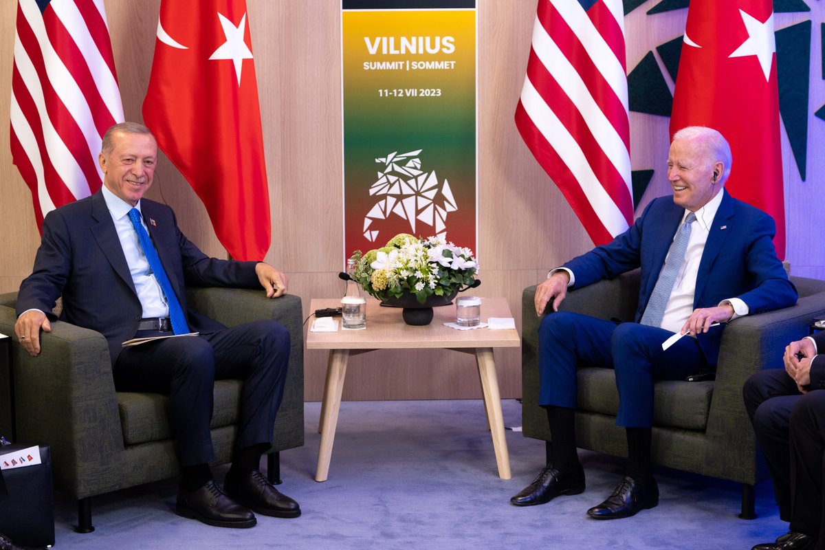 POTUS46Archive's tweet image. It was great sitting down with President Erdoğan once again today in Lithuania for a NATO Summit made even more historic by Türkiye’s agreement on the admission of Sweden.