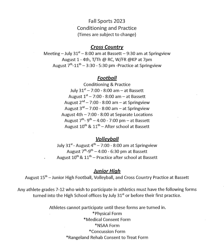 Fall Sports Conditioning and Practice Schedule, times are subject to change.