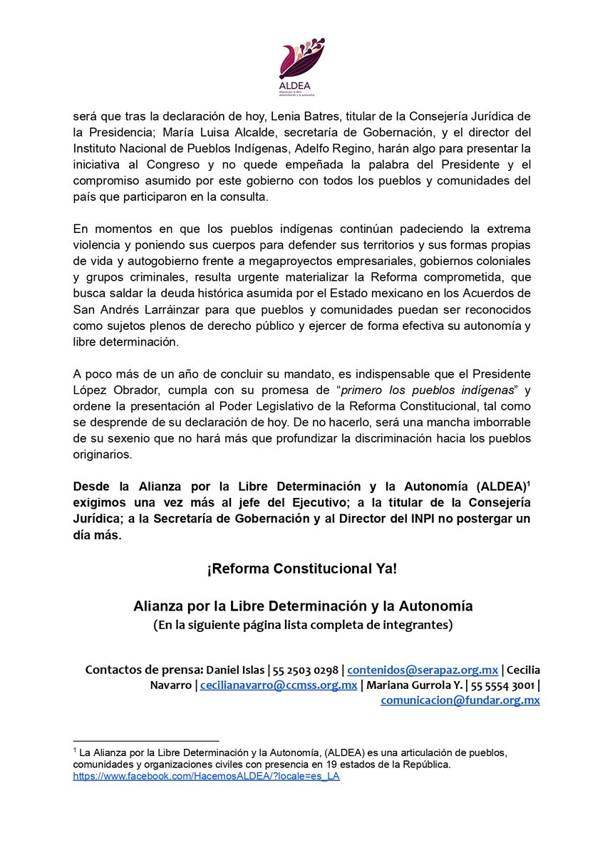 HacemosAldea's tweet photo. #BoletínDePrensa | Desde ALDEA instamos al presidente @lopezobrador_  y a las instituciones involucradas a no dejar empeñada su palabra y cumplir con la materialización de la #ReformaIndígenaYa.

Consulta el comunicado completo
✍️🏾 https://t.co/AK3l1Pvcms https://t.co/LSdCEAPlj0