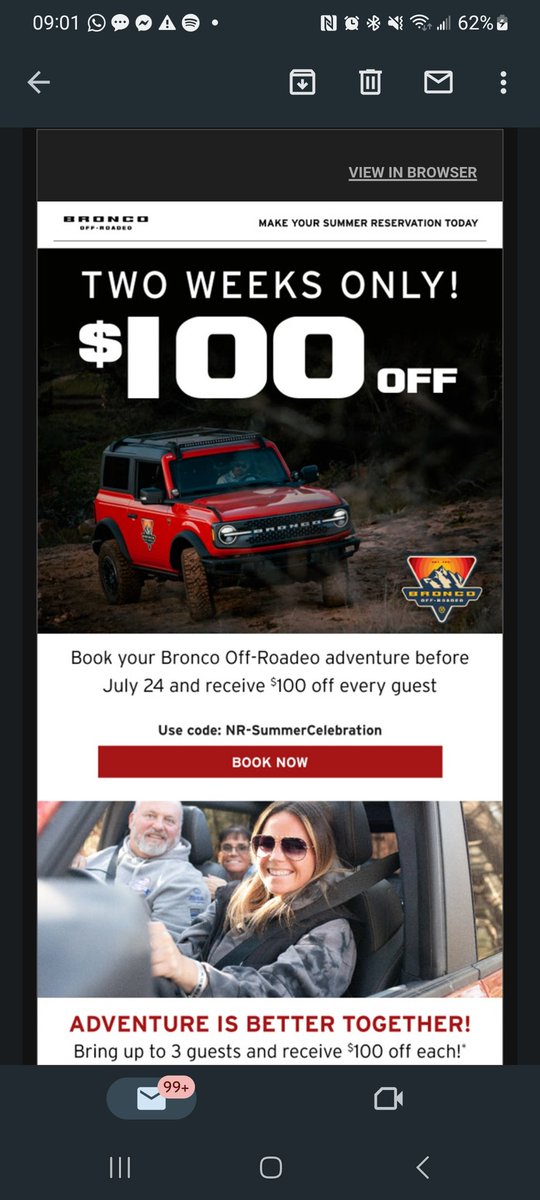 MixedBagOfLife's tweet photo. @Ford disappointed I booked for your Ford Bronco Roadeo and less than 24 hours later I get a discount code for $100 off a guest which won't be honored. Less than 24 hours cost me $100 bucks https://t.co/zqdVufuaWG