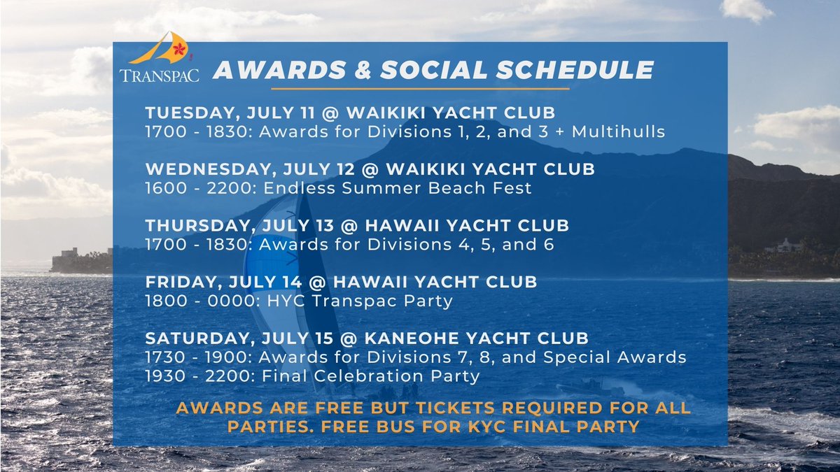 Transpac Sailors, Families, and Friends in Hawaii! Please check out the Schedule of Events for the rest of the week. Please note Award Ceremonies are free, but Yacht Club parties require tickets. buff.ly/3PQTuw0