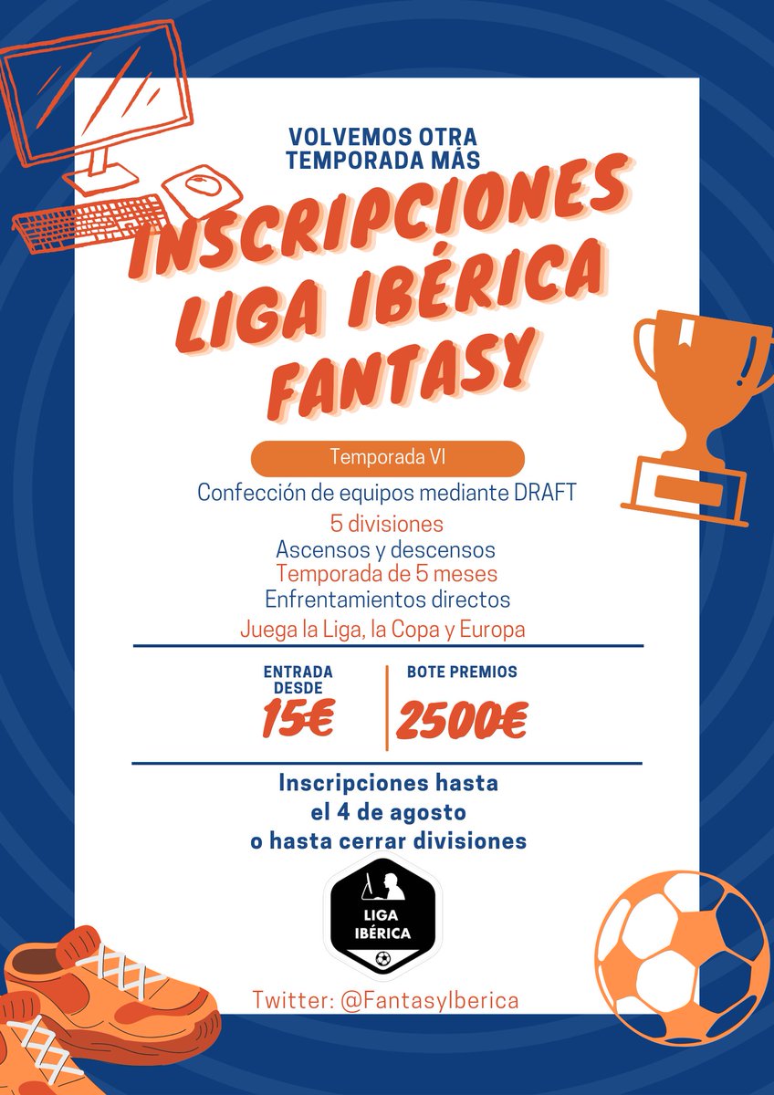 FantasyIberica's tweet photo. Buscamos ampliar nuestra liga fantasy:

5️⃣ divisiones
🥊Enfrentamientos directos
🗓️Temporadas de 5 meses con ascensos y descensos
🏆Liga, copa y competición europea
⚽Confección del equipo mediante DRAFT
💰Liga de pago. Reparto íntegro en premios monetarios

Escríbenos por MD📩 https://t.co/vCeE8cy34G