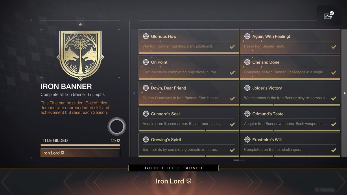 Iron Banner Done for the Season, first time Gilded 👍🏼

#destiny2 #destiny #bungie #ps5share #ps5 #destinythegame #gaming #gamer #hunter #titan #warlock #twitch #playstation #d2 #destinyplayers #destinycommunity #pvp  #lightfall #ironbanner #Gilded #seal