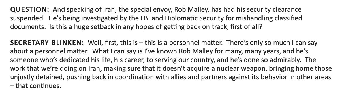 ElizHagedorn's tweet photo. Blinken says US work on Iran, including bringing home detainees, continues amid Malley's leave. https://t.co/T6cShfCmA7