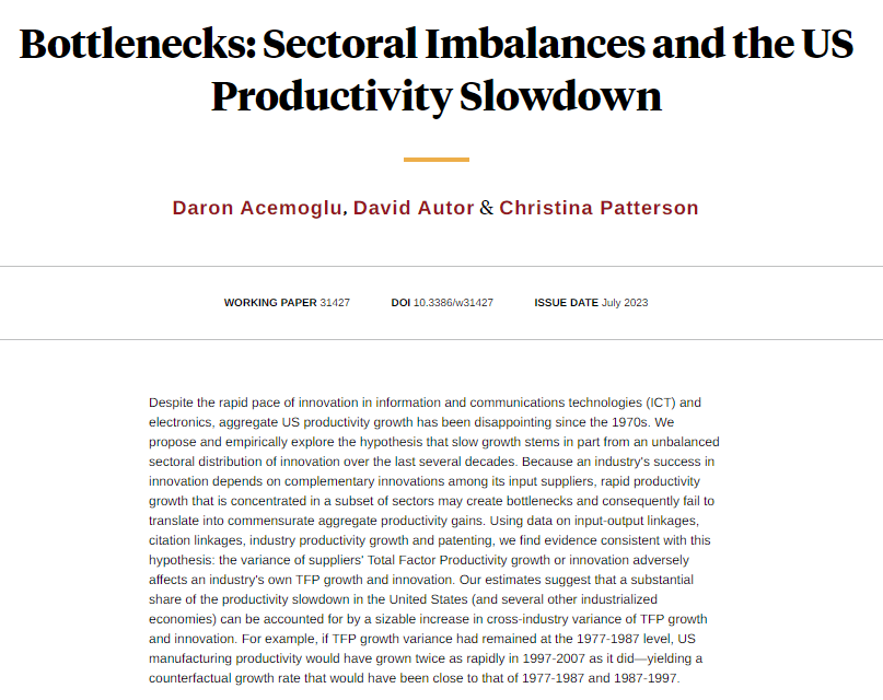 Proposing and empirically exploring whether slow aggregate US productivity growth since the 1970s stems in part from an unbalanced sectoral distribution of innovation, from @DrDaronAcemoglu, @davidautor, and Christina Patterson nber.org/papers/w31427