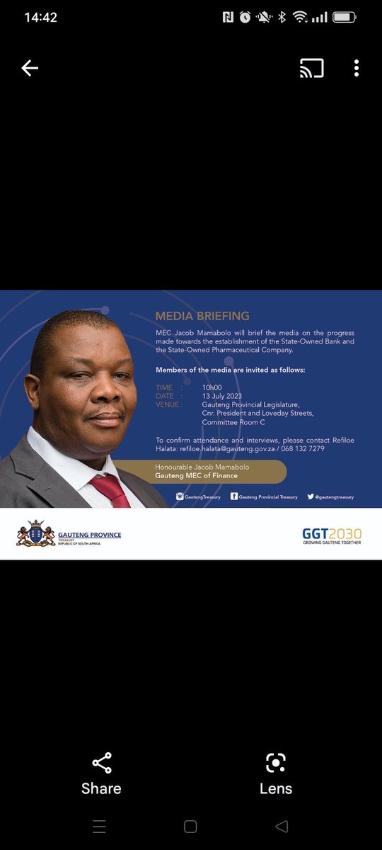 HalataChantal's tweet photo. Colleagues. 

Please find attached, a Media Advisory about a press briefing on State Owned Bank and Pharmaceutical Company, that is scheduled to take place on Thursday, 13 July 2023 at the Gauteng Provincial Legislature. To RSVP for attendance and interview with the MEC. https://t.co/XUcleS2t3I