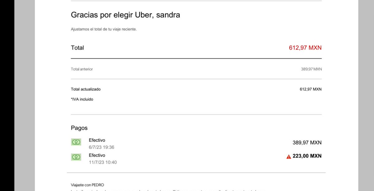 SandyLeyva9's tweet photo. @Uber_MEX ya les cobró de más 5 días después de su viaje o no son yo? https://t.co/mhr1R02cWq