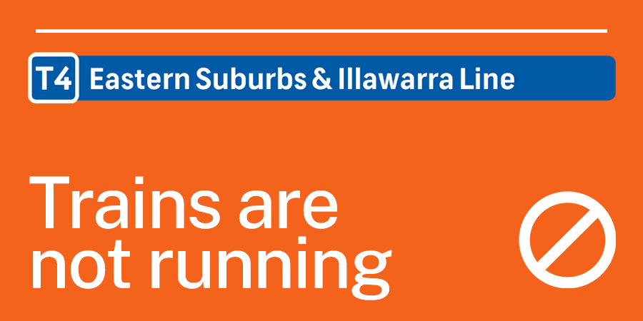 Allow extra travel time on T4 due to urgent track repairs at Martin Place. Trains may stop at or between stations for longer than normal. Stops will change for some trains. 

Use local bus routes 333 or 440 for travel between Bondi Junction and the City.

Updates to follow.