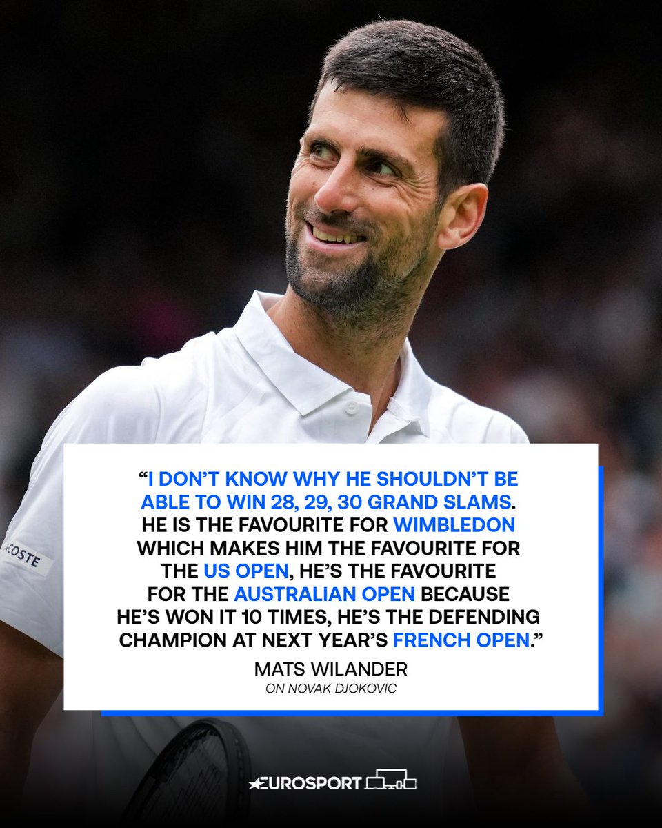 2⃣3⃣ 🔜 3⃣0⃣ 🏆

Mats Wilander believes Novak Djokovic can win 𝟑𝟎 𝐆𝐫𝐚𝐧𝐝 𝐒𝐥𝐚𝐦 𝐭𝐢𝐭𝐥𝐞𝐬 🤯

<a href="/DjokerNole/">Novak Djokovic</a> | #Wimbledon