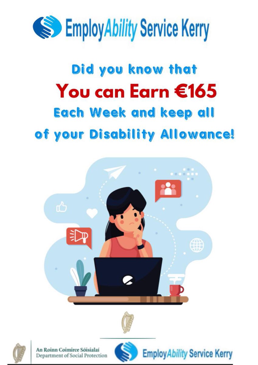 EmployabilityK's tweet photo. Want to know more?

Check out this estimator, which shows you can earn even more with your weekly Disability Allowance payment then being adjusted, once the weekly salary earned is over the €165. See https://t.co/50UQ38YV4v https://t.co/j4RFMm4JWK