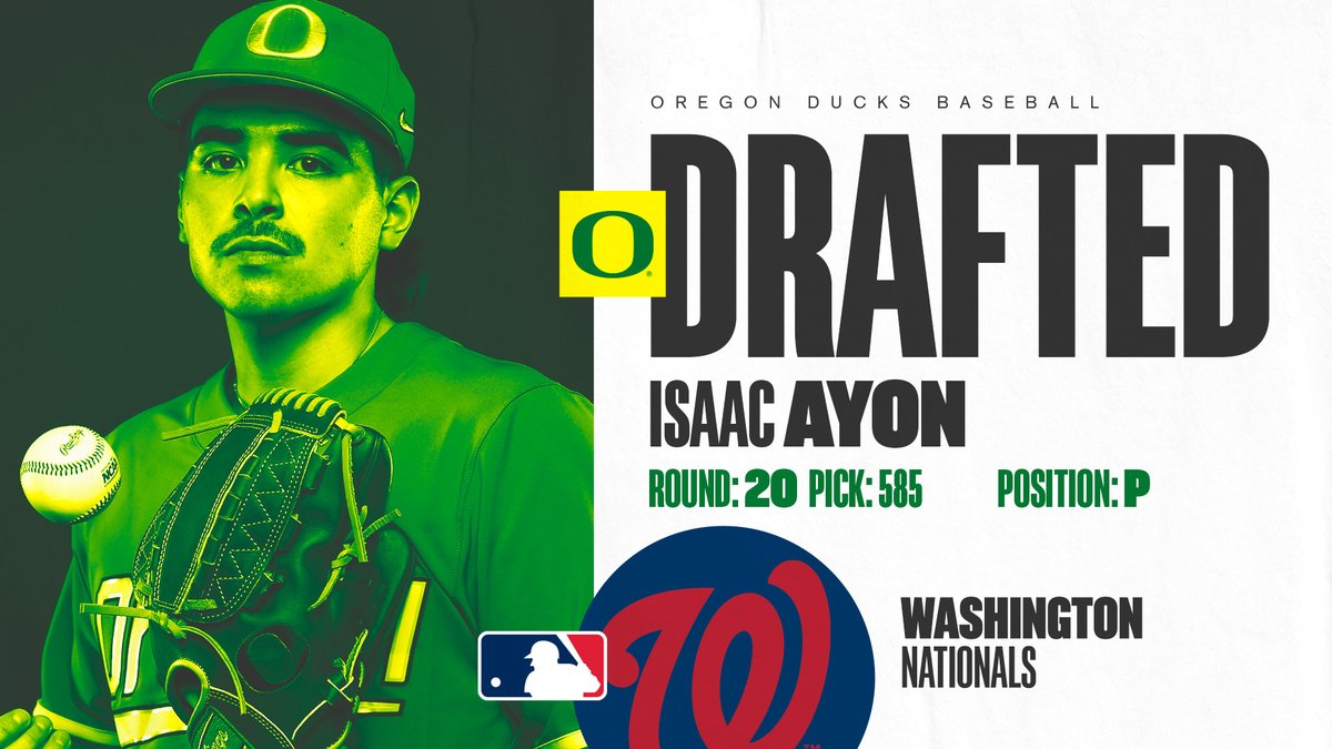 Oregon Duck Baseball (@oregonbaseball) on Twitter photo 𝐍𝐚𝐭𝐢𝐭𝐮𝐝𝐞
<a href="/IsaacAyon4/">Isaac Ayon</a> is the first Duck ever drafted by the <a href="/nationals/">Washington Nationals</a> and the sixth Duck to go in the 2023 draft.
#GoDucks | #MLBDraft2023 𝐍𝐚𝐭𝐢𝐭𝐮𝐝𝐞
<a href="/IsaacAyon4/">Isaac Ayon</a> is the first Duck ever drafted by the <a href="/nationals/">Washington Nationals</a> and the sixth Duck to go in the 2023 draft.
#GoDucks | #MLBDraft2023