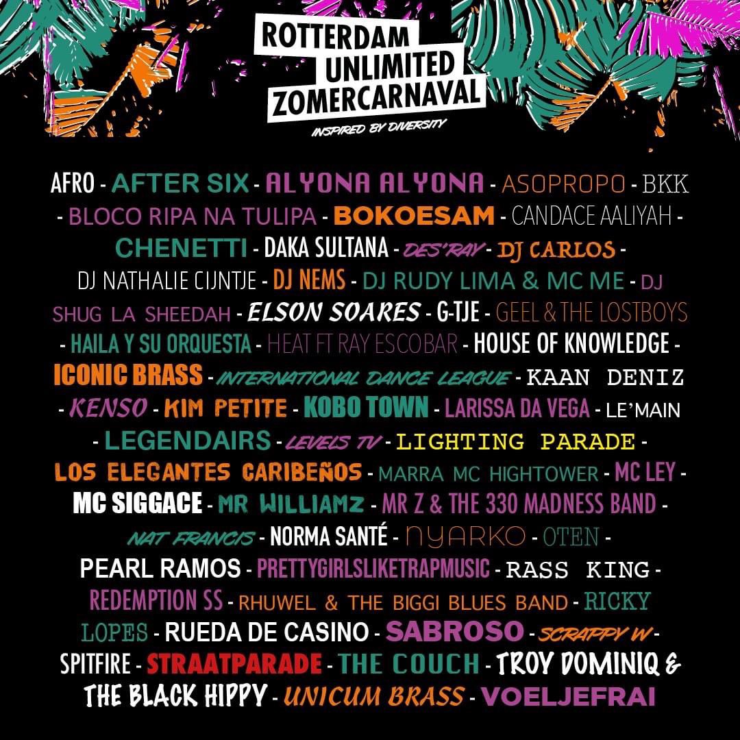Wát een namen, wát een feest De gehele line-up van Rotterdam Unlimited Zomercarnaval staat nu online! Nog even en we staan te dansen op de Coolsingel. 

👉 rotterdamunlimited.com/programma