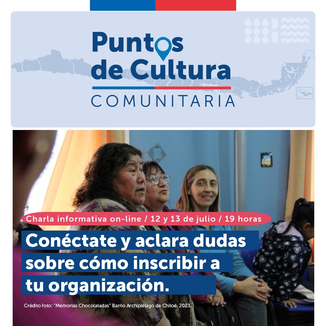 Este miércoles 12 y jueves 13 de julio, dos sesiones en formato  virtual para aclarar dudas sobre la inscripción de organizaciones en el Registro de Puntos de Cultura Comunitaria.
Conéctate, a las 19.00 horas de Magallanes, vía Meet 👇
meet.google.com/jqy-iqrh-eof