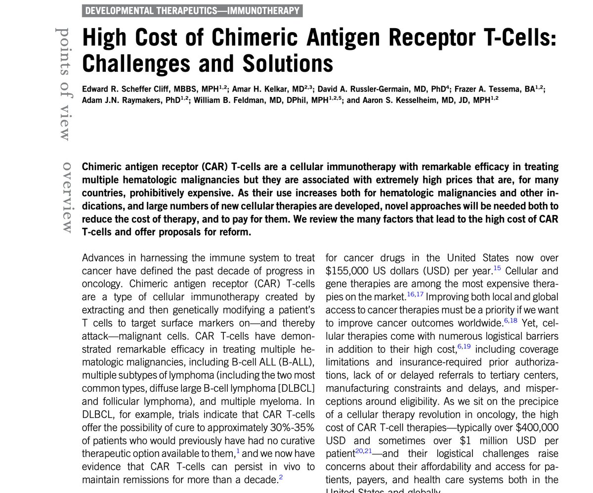 Delighted to share our @ASCO Education Book article: the High Cost of Chimeric Antigen Receptor T-Cells: Challenges and Solutions  

We review the factors leading to the extremely high cost of CAR T-cells & propose potential solutions

🧵👇

ascopubs.org/doi/abs/10.120…
#ASCO23